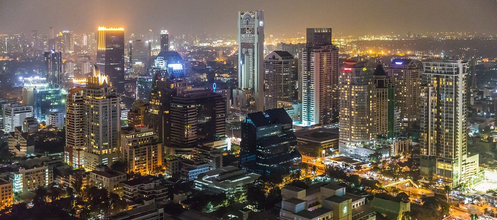 Sathon business district skyline in Bangkok at night