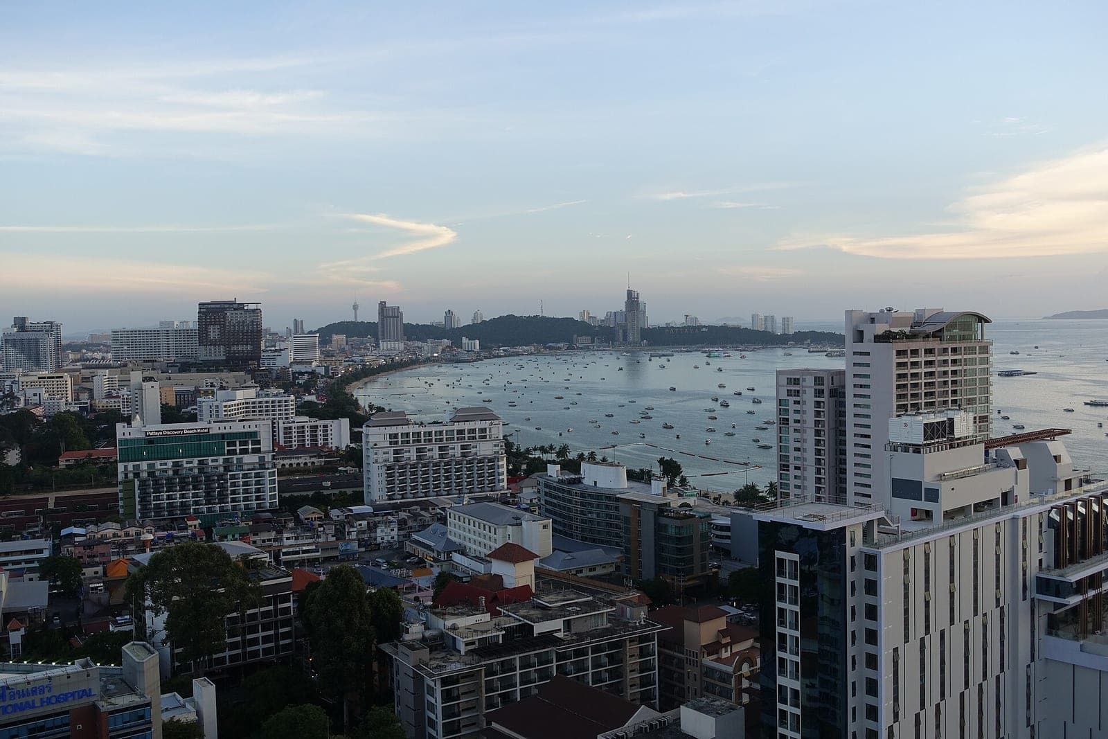 Aerial view of central Pattaya and Pattaya Bay at sunset, June 2017