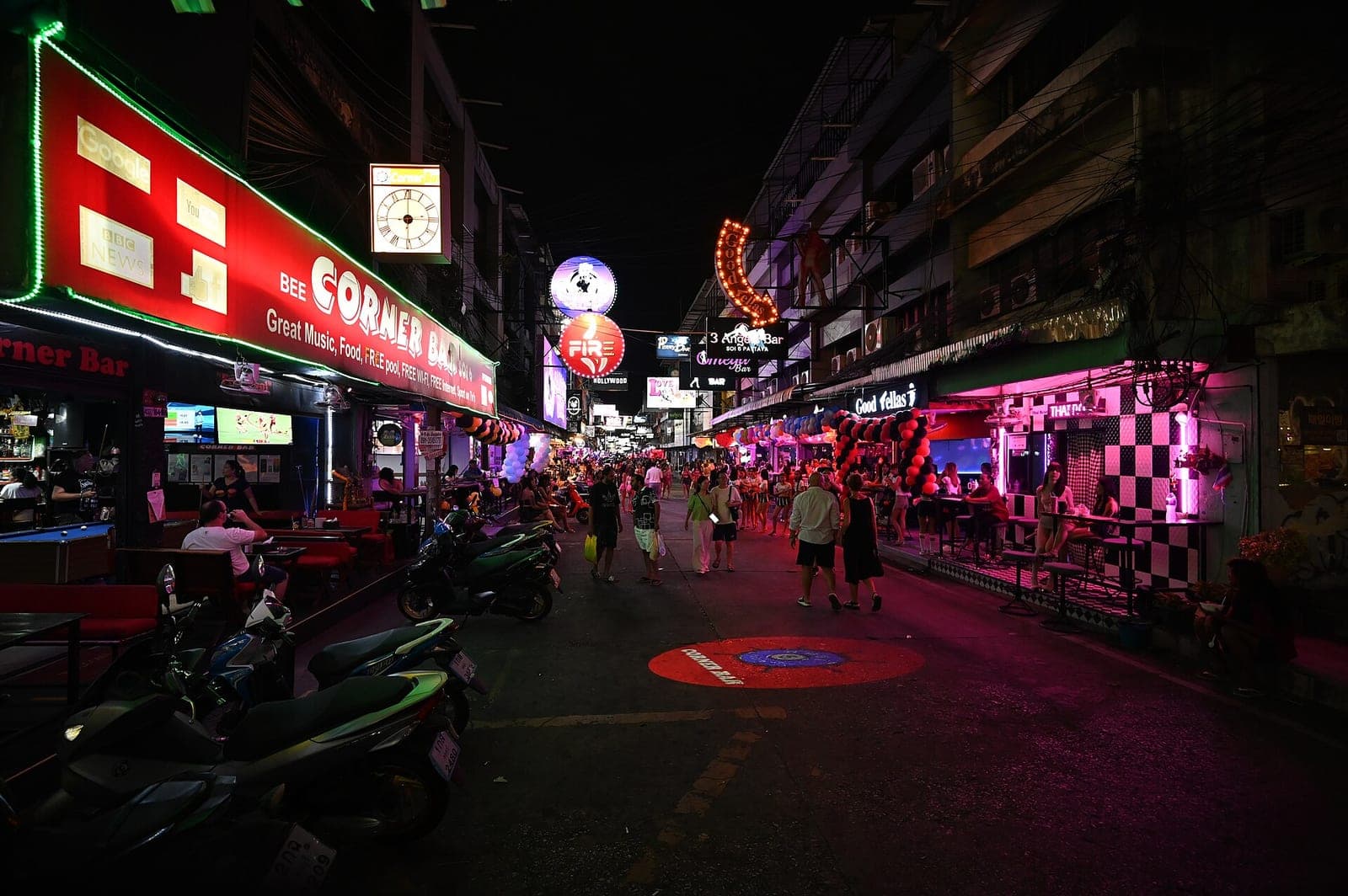Open-fronted bar on the corner of Soi 6, Pattaya, at night
