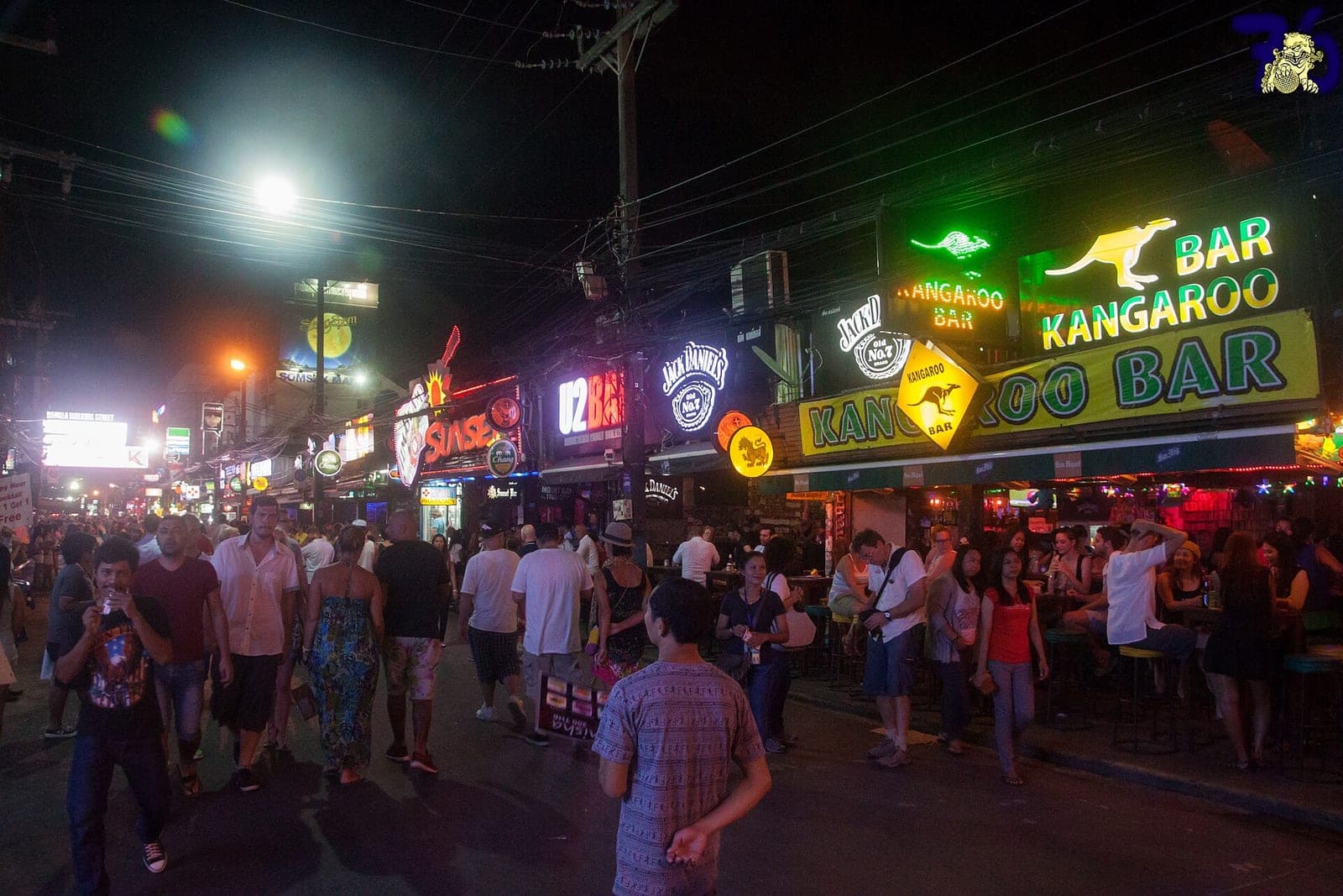 Bangla Road, Patong, Phuket, at night with neon bar signs and crowds of tourists