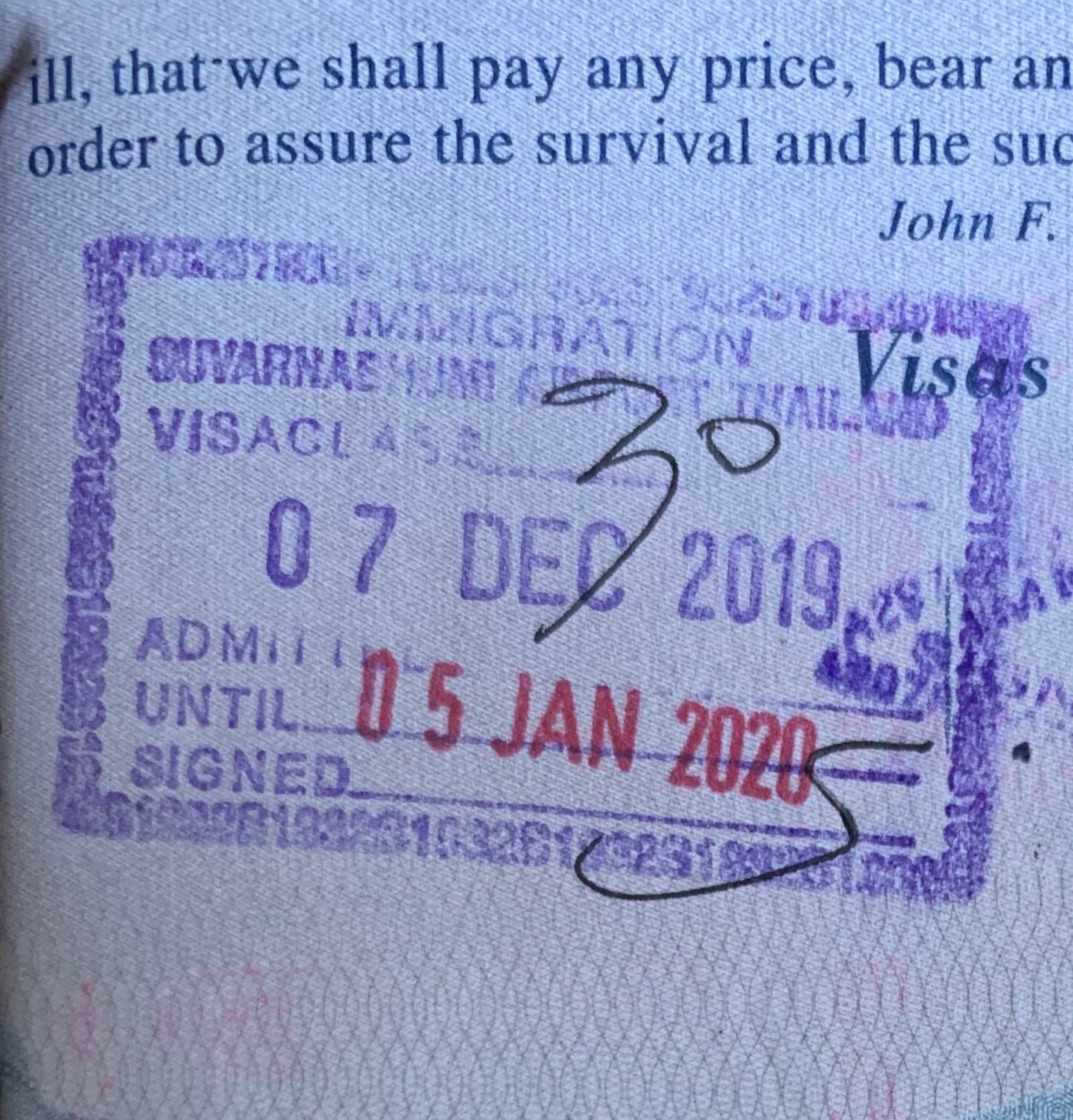 Thai immigration entry stamp from Suvarnabhumi Airport in a passport, December 2019, with a 30-day admitted-until date